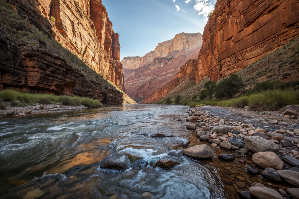 River flowing through towering red rock cliffs at Zion National Park, showcasing landscapes featured in the best guided tours and outdoor experiences.